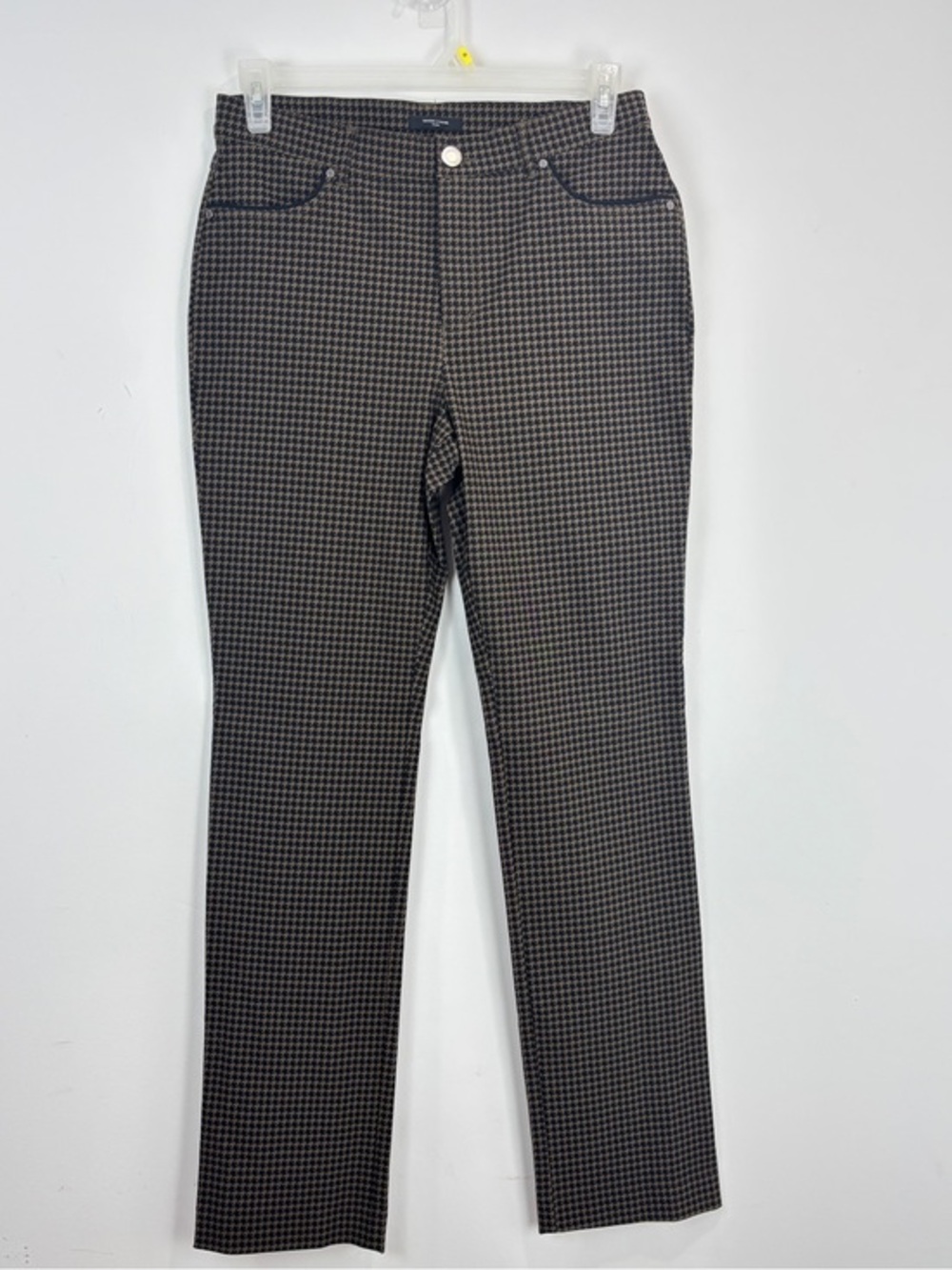 Simon Chang Houndstooth Slim Straight Pants Brown Black Stretch 12 Career Office